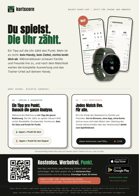 Der Kortscore-Flyer im A4-Format: Du spielst, die Uhr zählt, mit QR-Code, den Links zu App Store und Google Play und dem Hinweis auf den Rabattcode für Vereinsmitglieder
