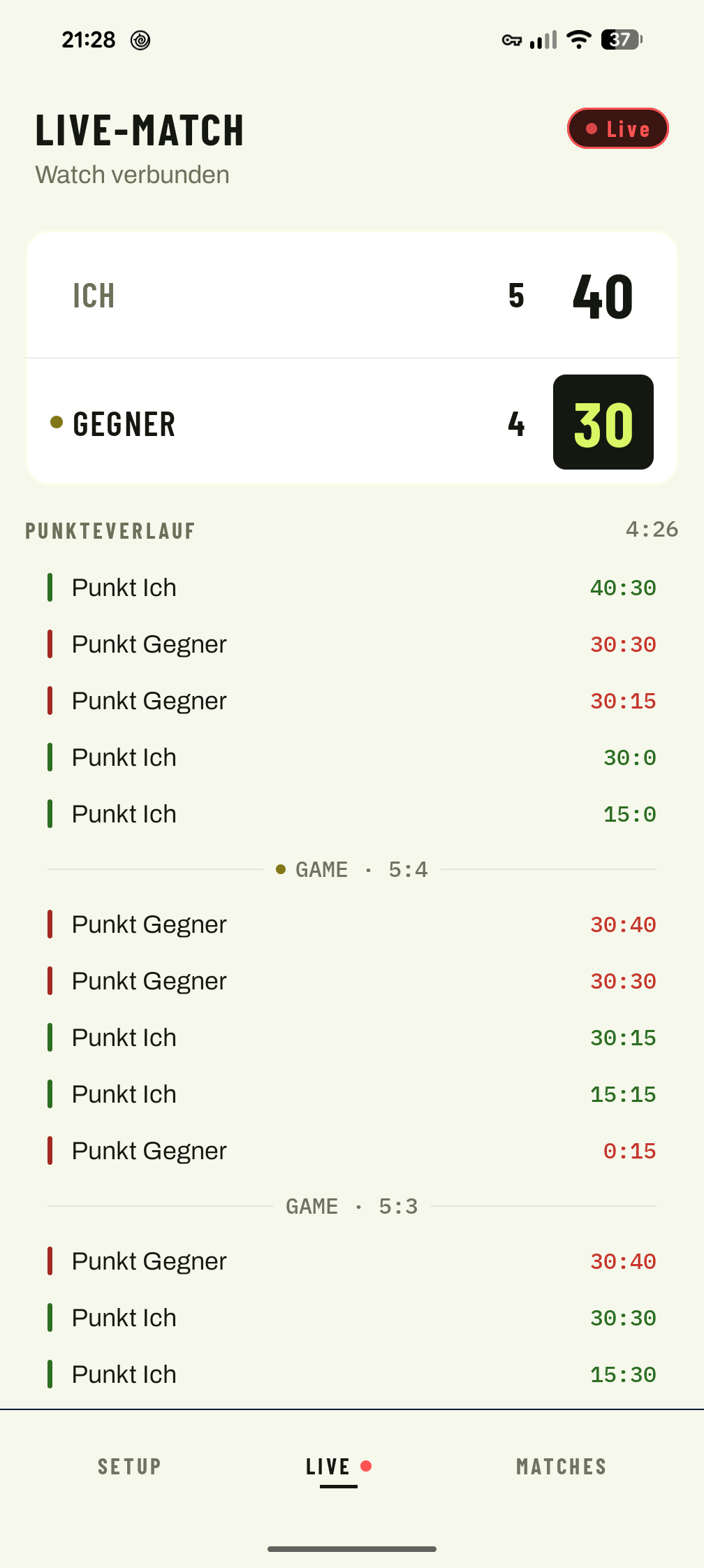 Live-Match am Handy: Watch verbunden, Stand 3:2 und Punkteverlauf Punkt für Punkt