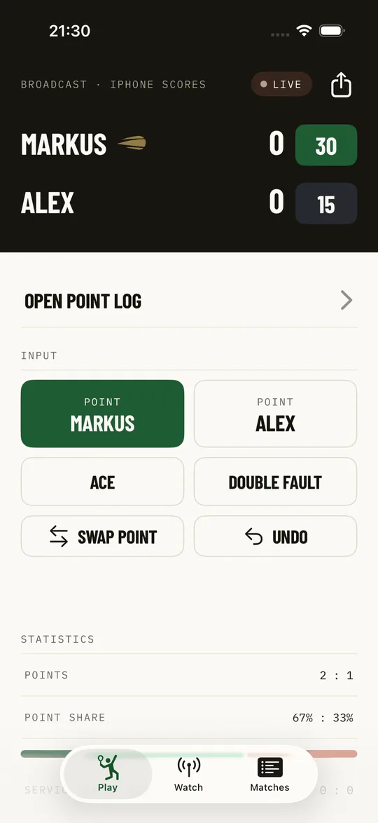 A running match on iPhone with the live score and the point buttons