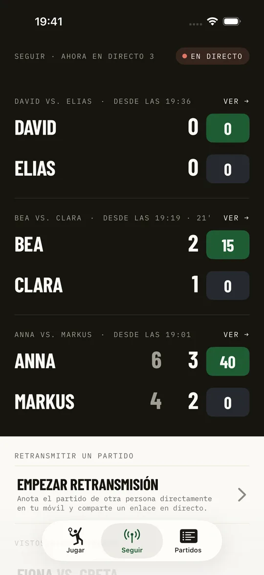 La vista de espectador de Kortscore en el iPhone con tres partidos en directo
