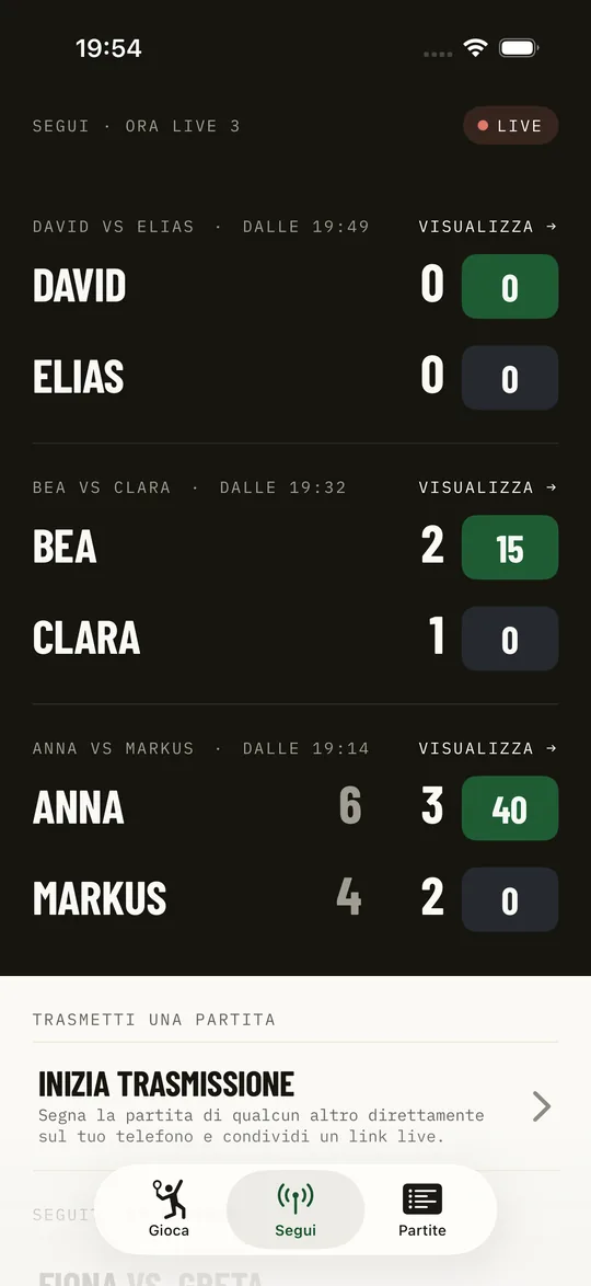 La scheda «Segui» di Kortscore su iPhone con tre partite live in corso