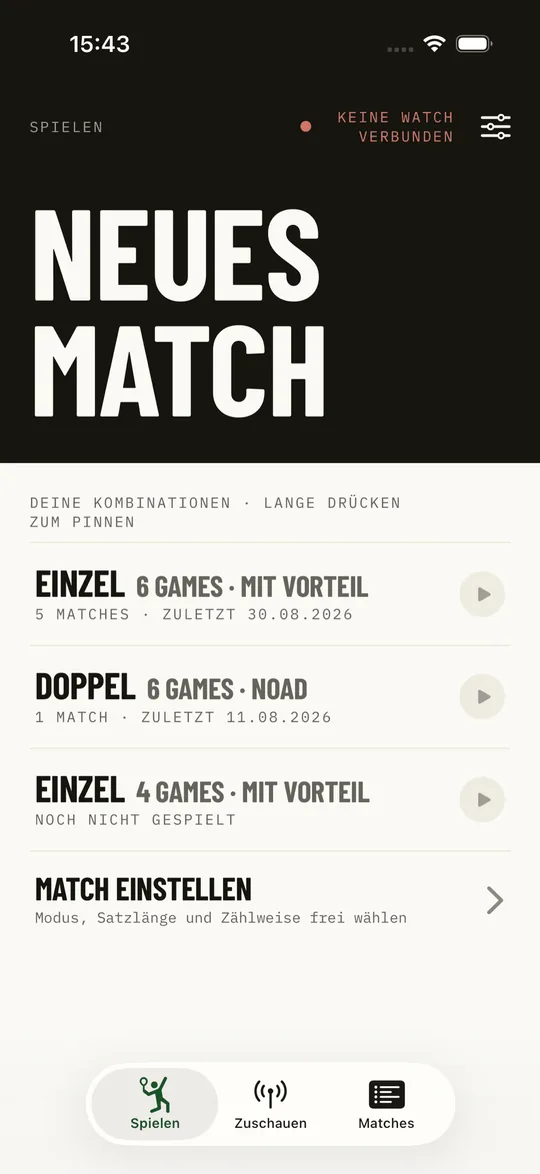 Kortscore am iPhone mit den gespeicherten Match-Formaten