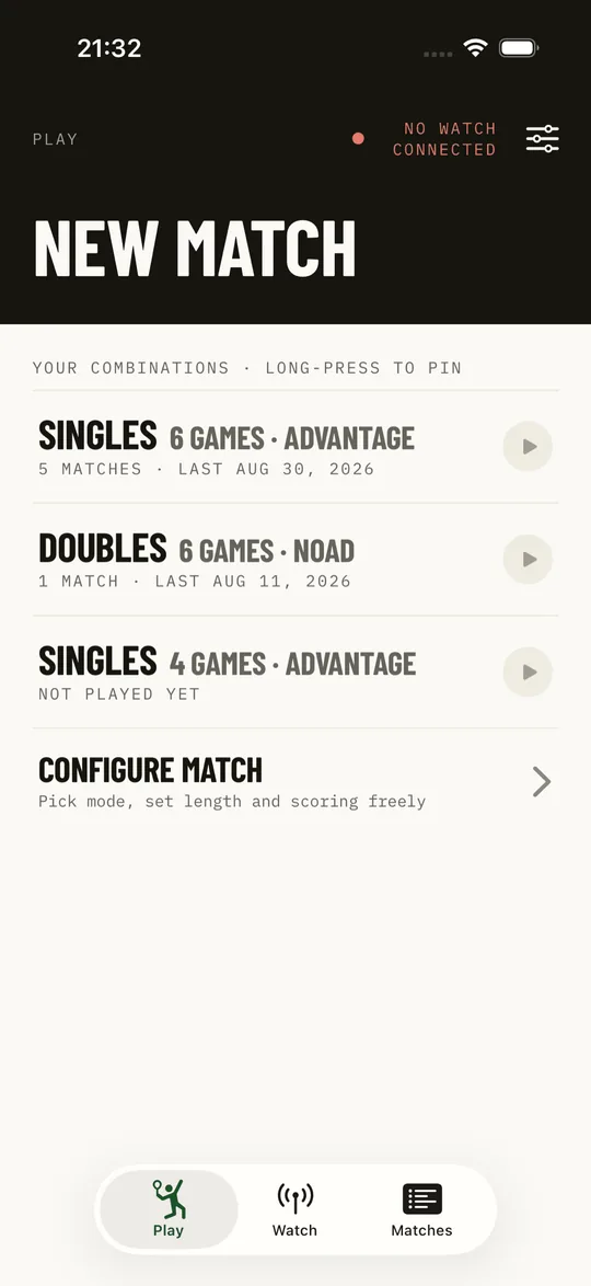 Kortscore on iPhone with the saved match formats