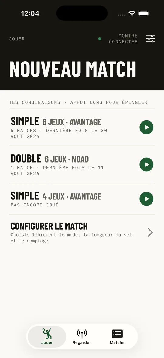 Kortscore sur iPhone avec les formats de match enregistrés
