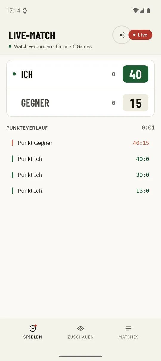 Ein laufendes Match in Kortscore mit dem Live-Punktestand