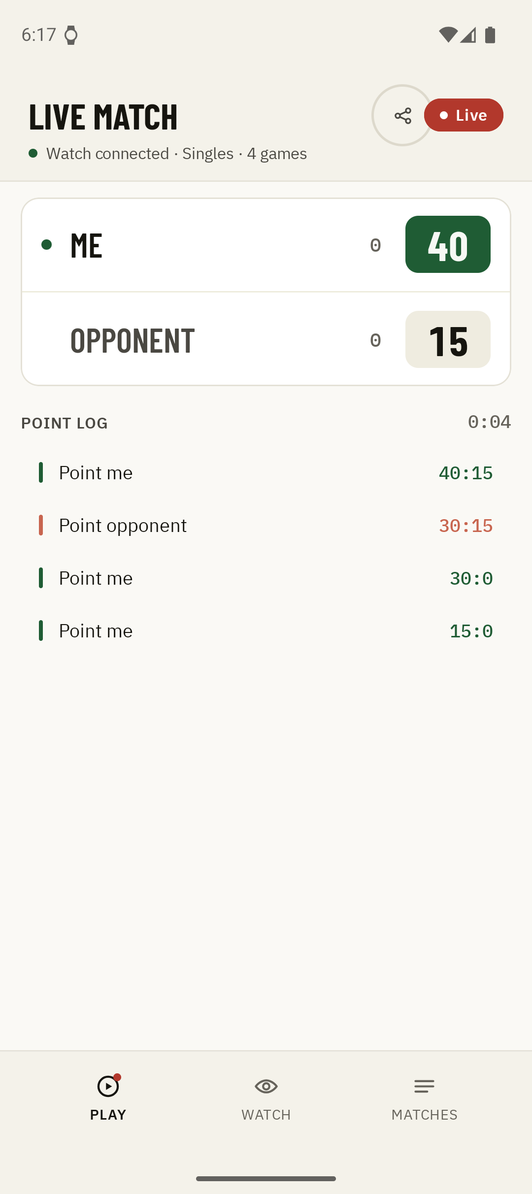 A running match in Kortscore with the live score