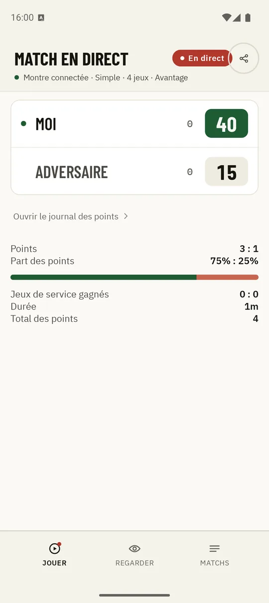 Un match en cours dans Kortscore avec le score en direct