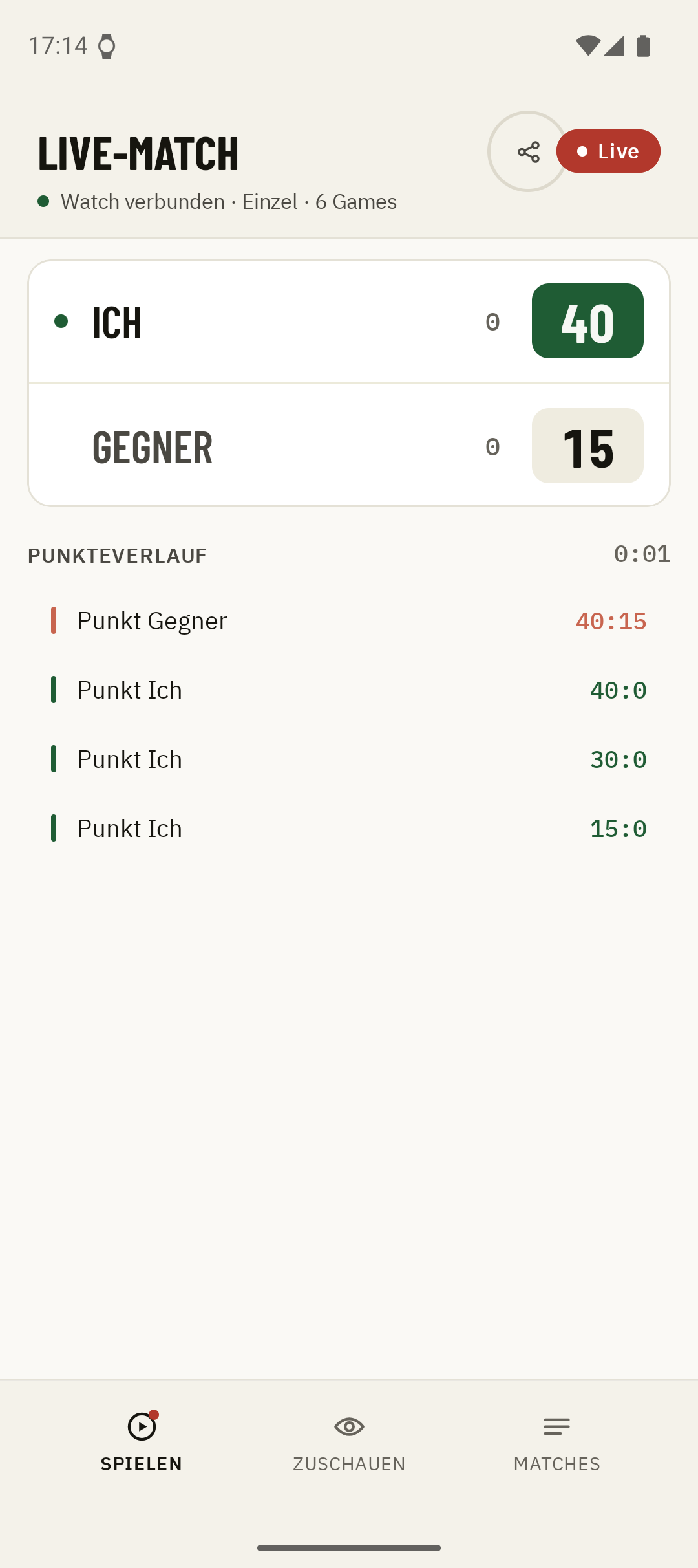 Ein laufendes Match in Kortscore mit dem Live-Punktestand