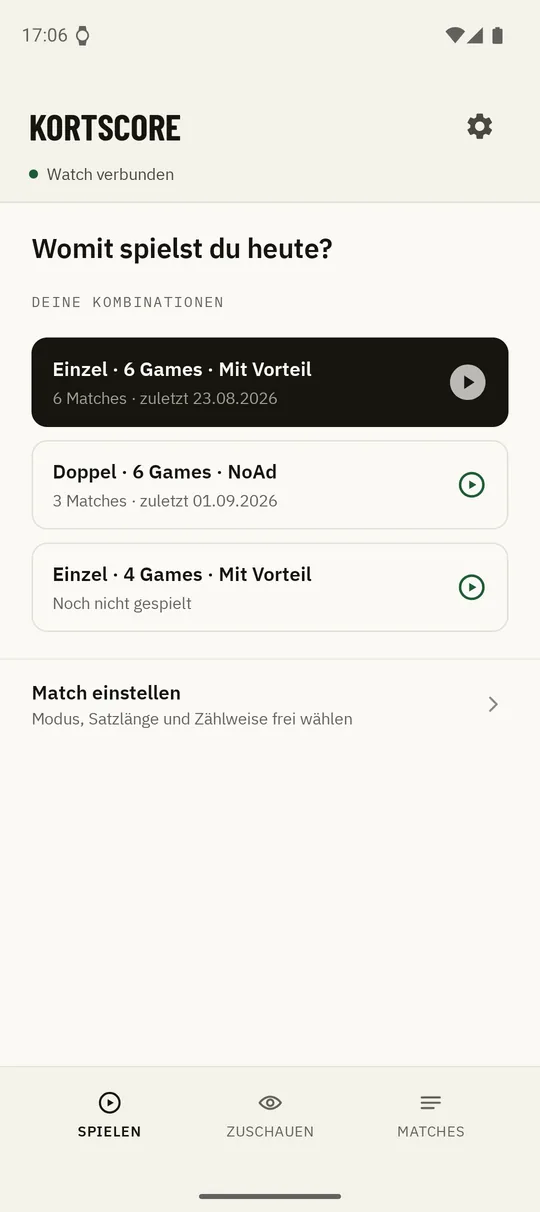 Kortscore Startbildschirm mit den Match-Formaten