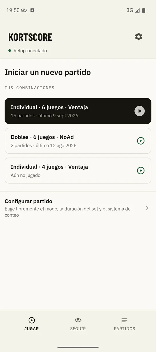 Pantalla de inicio de Kortscore con los formatos de partido