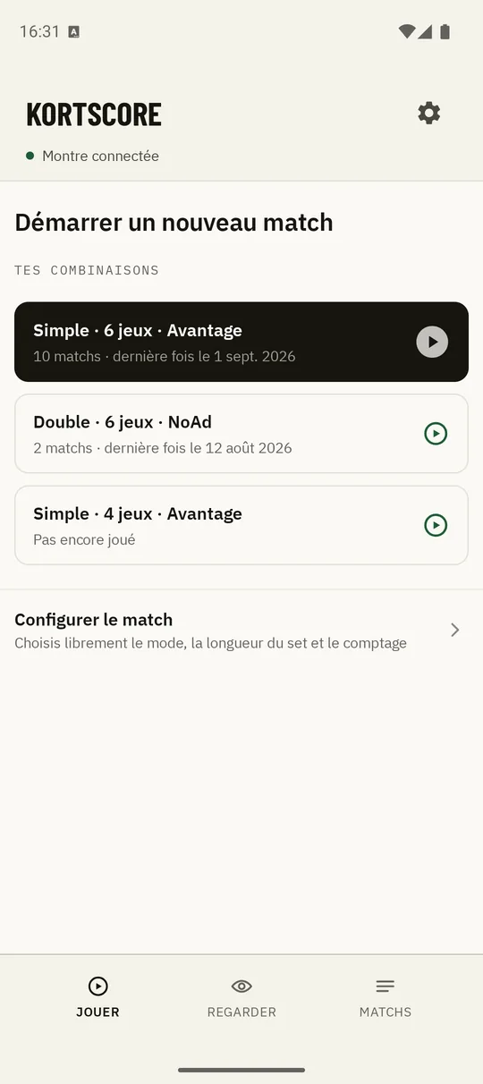 Écran d’accueil de Kortscore avec les formats de match