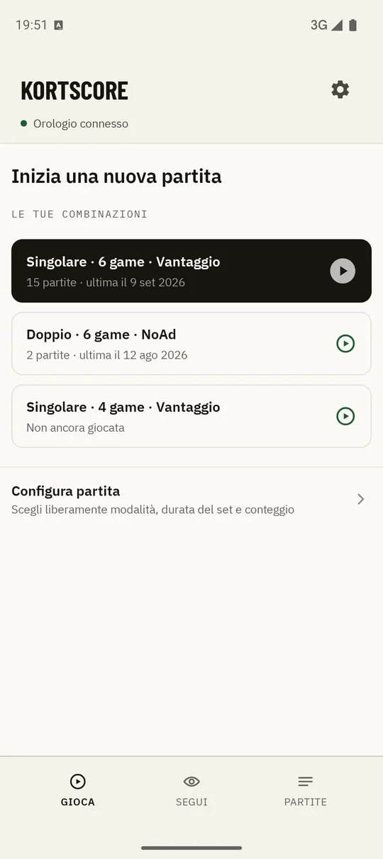 Schermata iniziale di Kortscore con i formati di partita