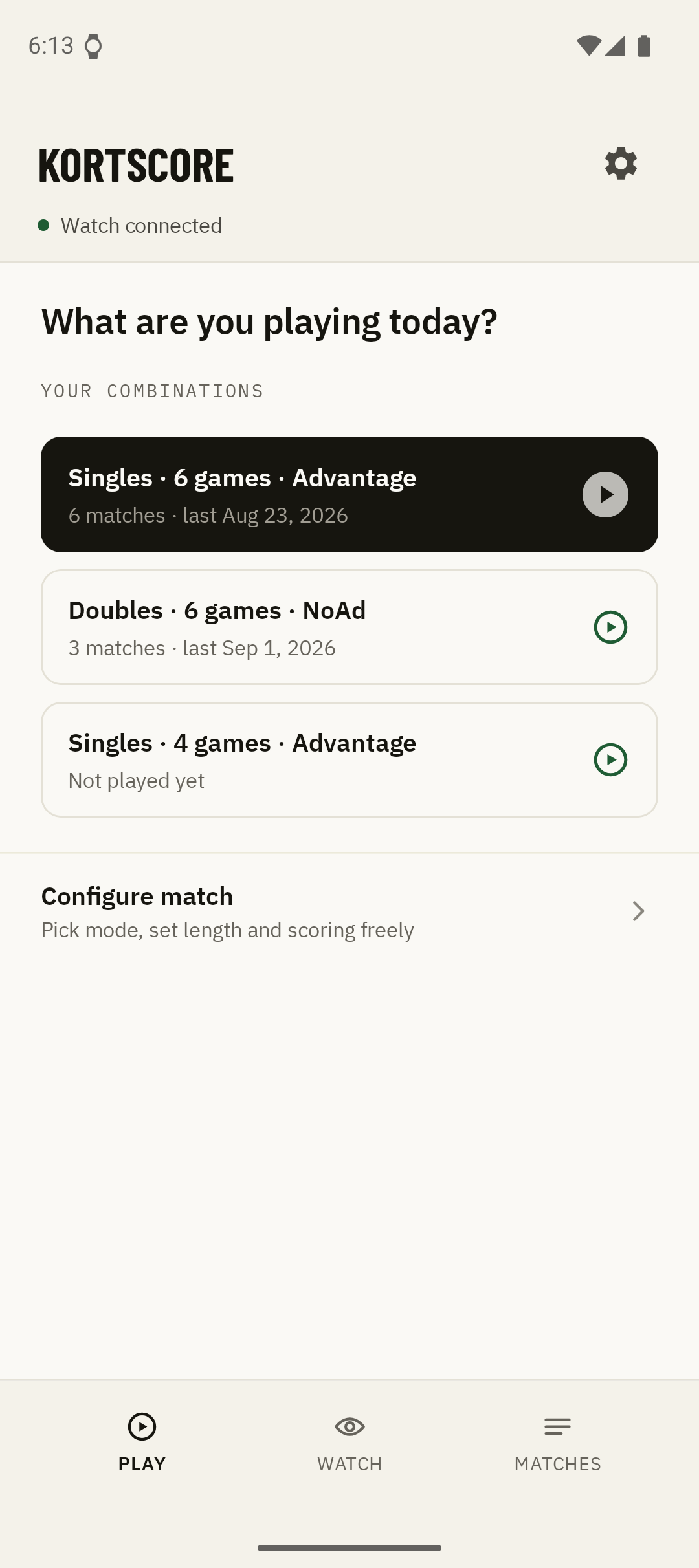 Kortscore start screen with the match formats