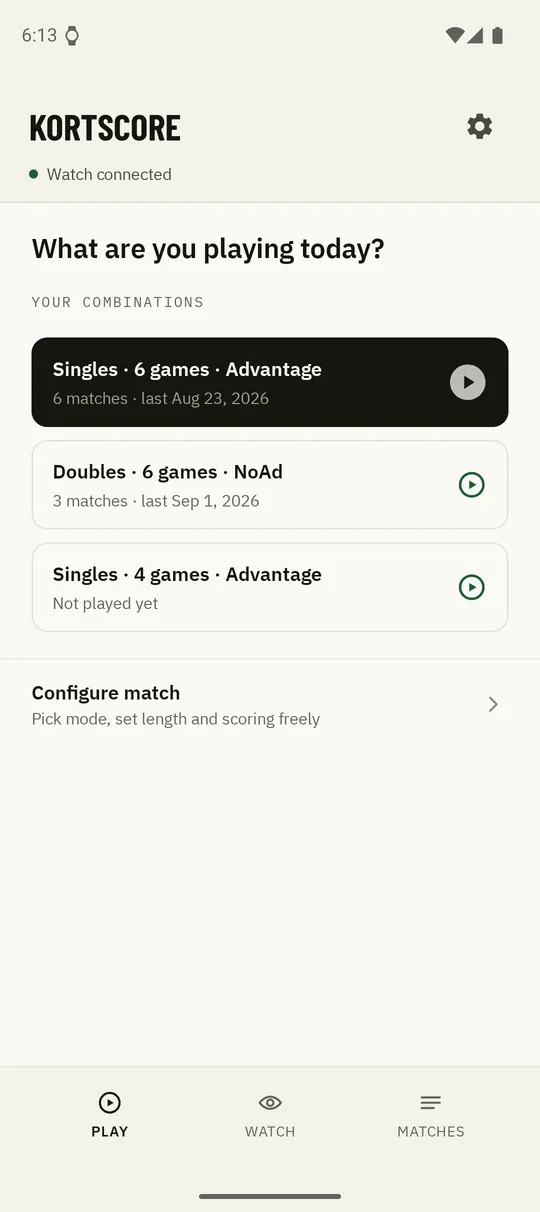 Kortscore start screen with the match formats