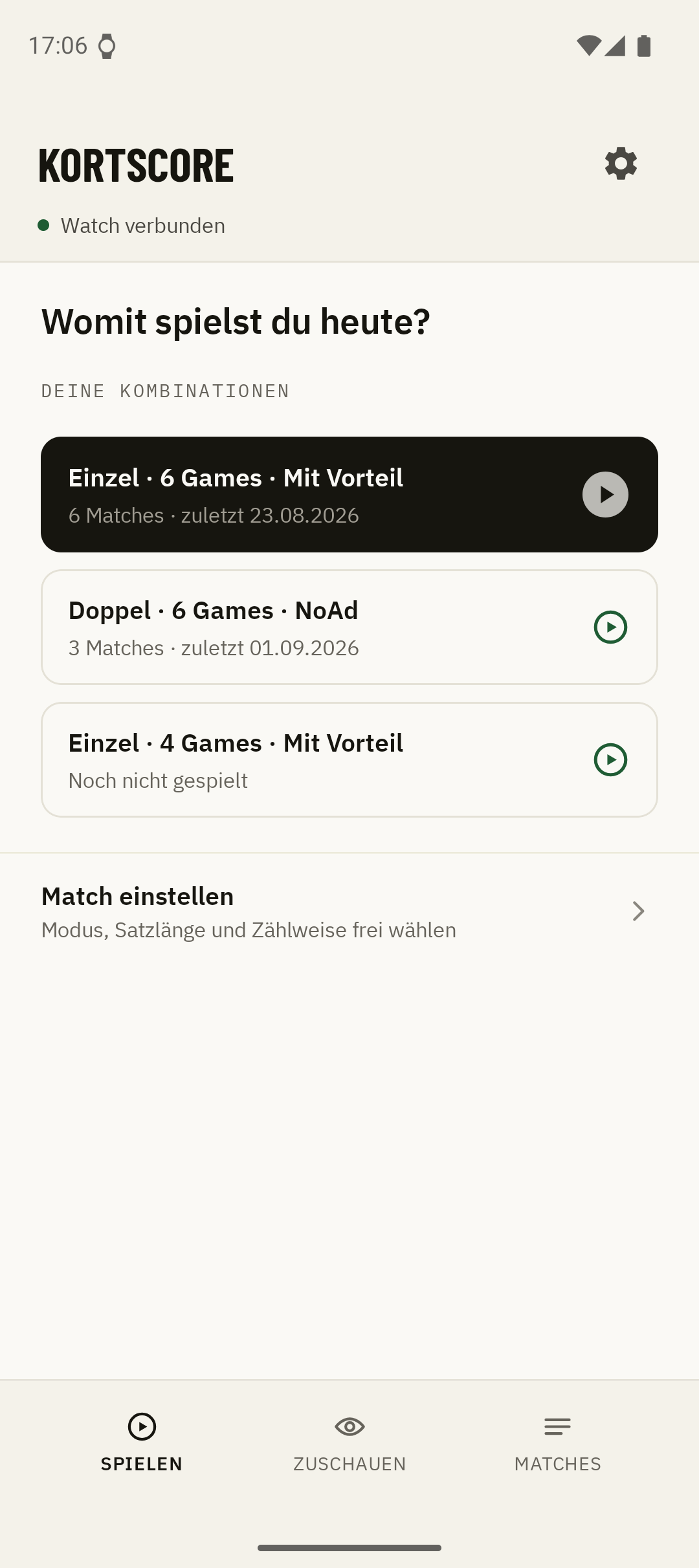 Kortscore Startbildschirm mit den Match-Formaten