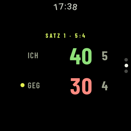 Kortscore auf der Wear-OS-Uhr: Satz 1, 5:4, Punktestand 40:30